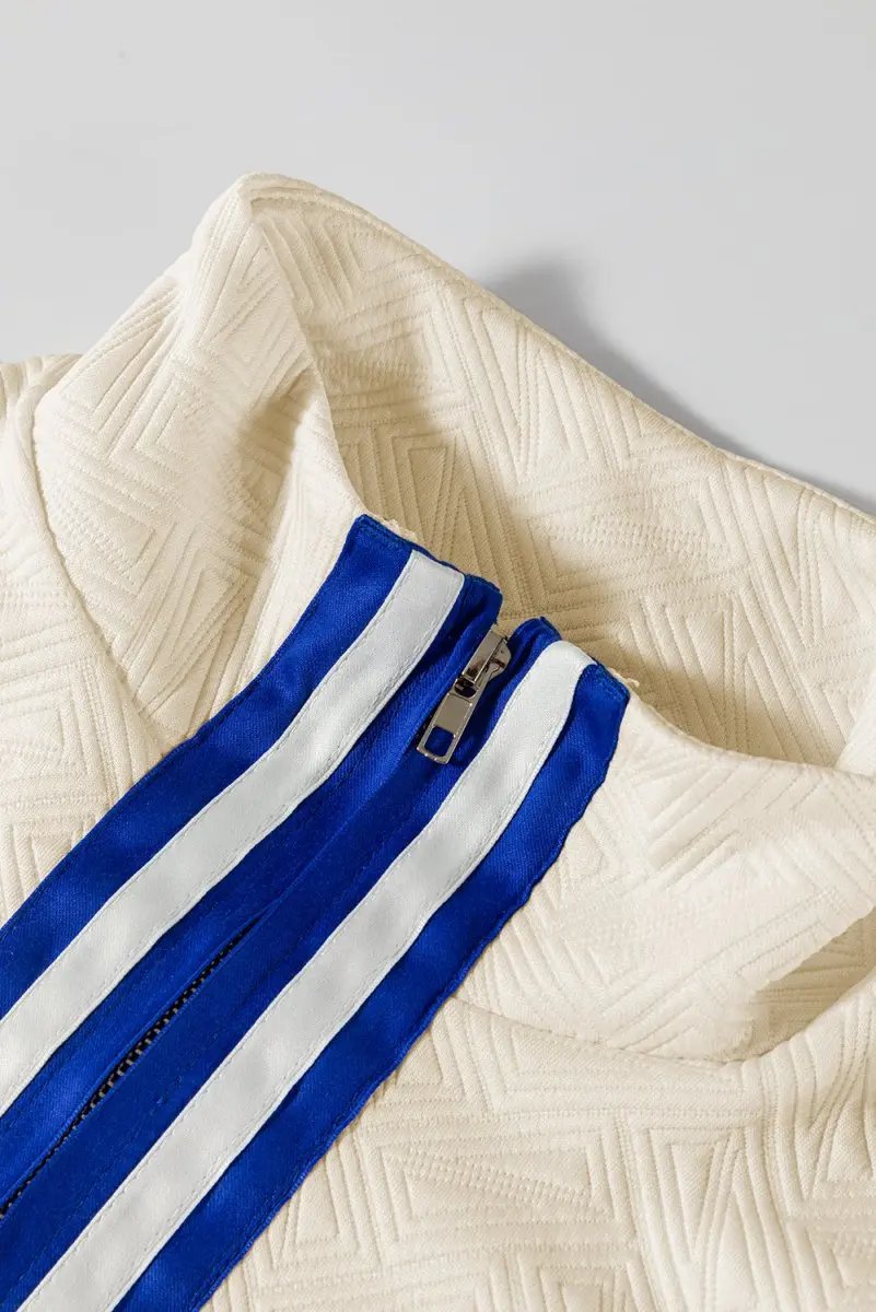 Beige Preppy Striped Trim Quarter Zipper Short Sleeve Top - Love Salve